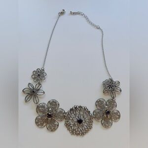 Silver Floral Necklace with Red Accents